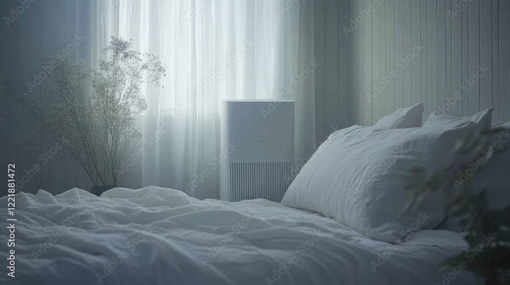 Poster a white air purifier operating in a bedroom with clean linens and soft ambient lighting, creating a 