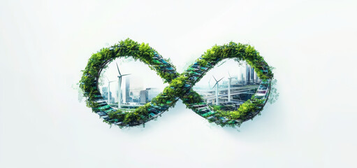 A scene full of futuristic and environmentally friendly concepts. In the picture, a modern train passes through an infinity symbol (∞) shape made of green plants.