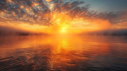 Golden sunset reflected on rippling water with fog in the distance. AI generative. .