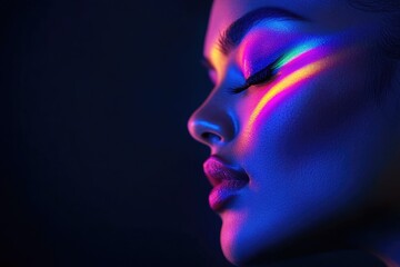 Fototapeta premium Neon Dreams: A vibrant portrait showcasing the beauty of light and color on a woman's face, illuminated with a spectrum of rainbow hues creating a surreal and dreamy aesthetic.