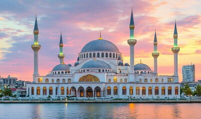 Obraz premium Grand mosque at sunset on a riverbank, cityscape background, ideal for travel or architectural projects