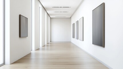 Obraz premium Modern Art Gallery Interior: Serene Minimalist White Hallway with Paintings