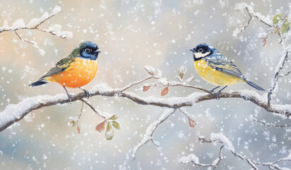 Fototapeta premium Two colorful birds perched on a snow-covered branch. The background is a soft winter scene with snowflakes falling gently