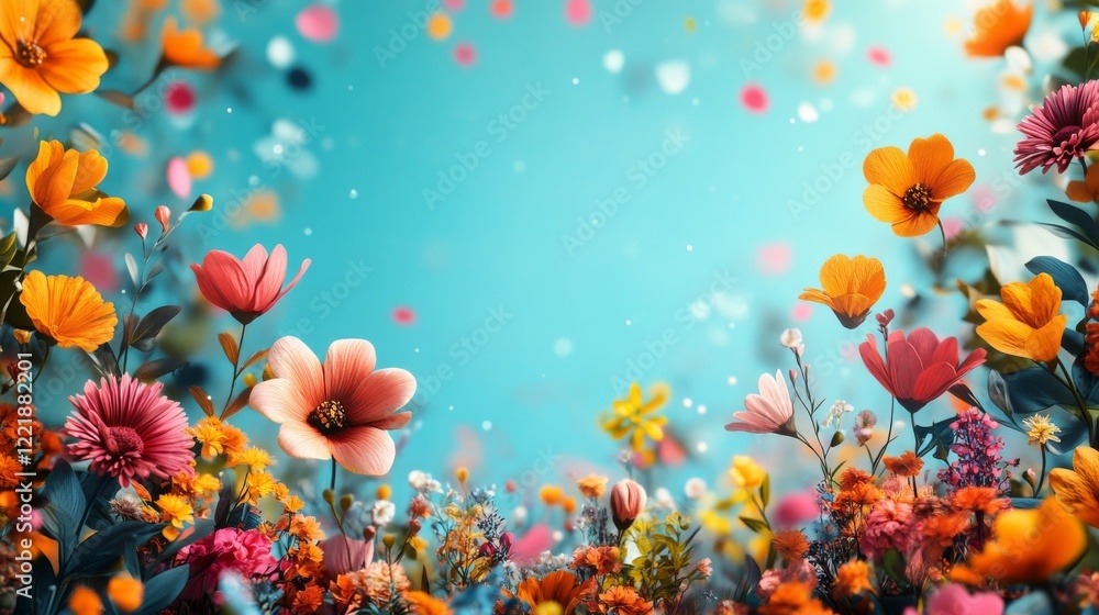 Poster vibrant floral display against a soft blue backdrop with scattered bokeh creating a dreamy and joyfu