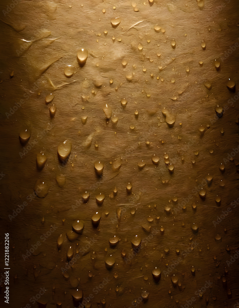 Poster water droplets on a textured golden surface. abstract background with highlights and shadows