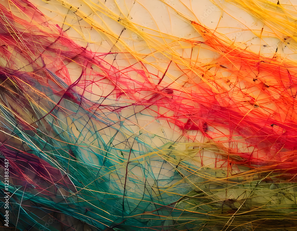 Poster a vibrant abstract artwork featuring intertwined threads of various colors creating a dynamic textur