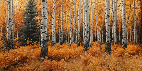 Fototapeta premium A forest of tall trees with brown and green ferns, an atmospheric woodland scene with tall pine tree trunks surrounded by orange and yellow foliage, generative AI