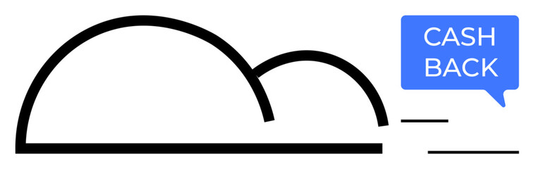 Two simple black lines forming abstract shapes and a speech bubble with Cash Back text. Ideal for promotions, incentives, e-commerce, benefits, financial services, customer loyalty, rewards. Abstract
