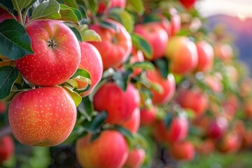 Close-up of red apples hanging from a tree branch, with green leaves in the foreground and blurry apples in the background. AI generative. .