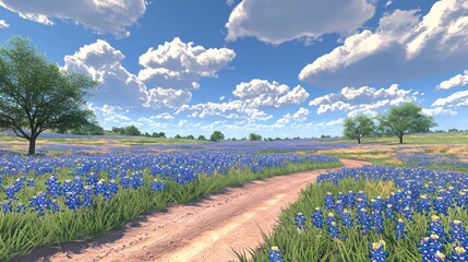 Texas Bluebonnet Field, Sunny Day, Dirt Road, Clouds, Spring