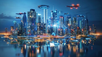 Naklejka premium Futuristic Cityscape at Night: Neon Lights and Flying Vehicles Reflecting on Calm Waters