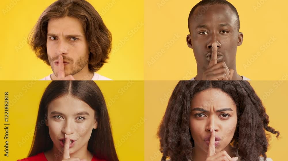 Aufkleber A multiethnic collection of individuals showcases a range of emotions through their gestures in a vibrant yellow setting. Each person uniquely contributes to the collage.