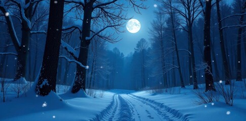 Moonlit snowy forest with bare trees and icy branches, snow, darkness,