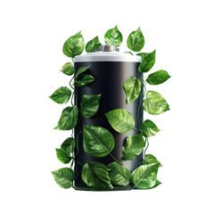 Eco-Friendly Battery Surrounded by Fresh Green Leaves