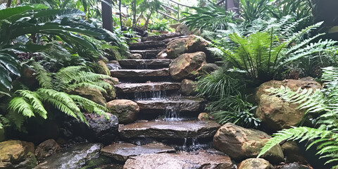 Obraz premium Stone steps leading up to the top, with moss-covered rocks and ferns on both sides, generative AI