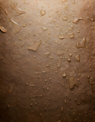 Water droplets scattered on a textured bronze or gold surface. Abstract and reflective
