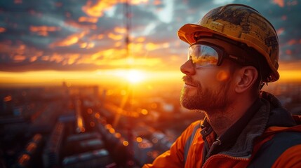 Fototapeta premium Construction worker in hard hat and goggles looks at sunset over city lights. AI generative. .