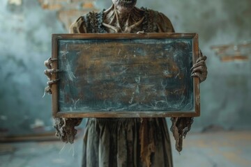 A skeletal figure with clawed hands holds a blank wooden framed chalkboard. AI generative. .