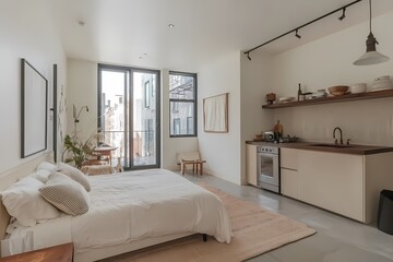 Modern Minimalist Apartment Bedroom Studio City View Chic Decor Interior 3D Render