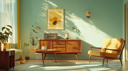 Mid Century Modern Living Room Sunny Aesthetic Warm Wood Furniture Design Interior 3D Render