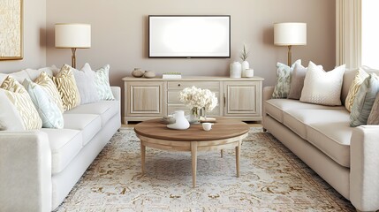 Obraz premium Elegant Living Room Interior Design Modern Neutral Sofa Decor Interior 3D Render