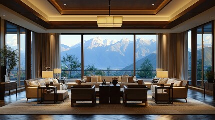Luxurious Mountain View Living Room Interior Design Interior 3D Render