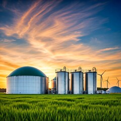 Biogas plant with tanks and wind turbines against a dramatic sunset sky over a green field