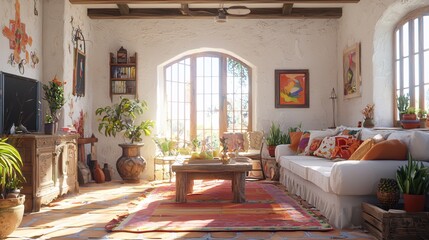 Fototapeta premium Sunny Mediterranean Living Room Interior Design Cozy Home Decor Interior 3D Render
