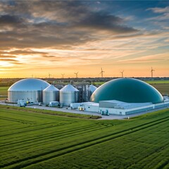 Biogas plant with large tanks and green fields under a dramatic sky, symbolizing renewable energy