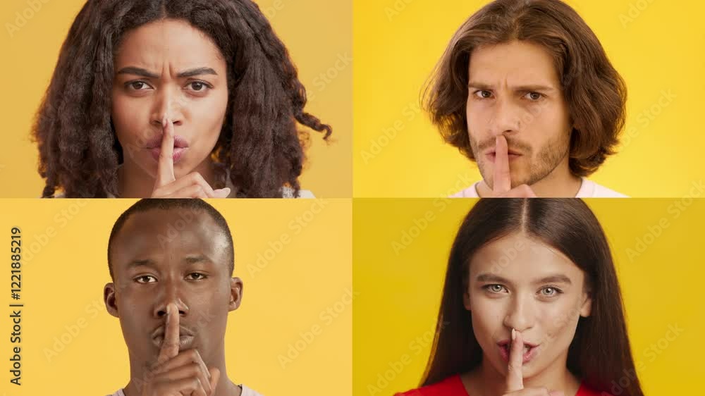 Poster Four individuals from diverse backgrounds display various emotions and gestures against a bright yellow backdrop, showcasing unity and the beauty