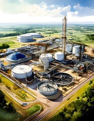 Aerial view of an industrial plant with tanks, pipes, and a tall chimney surrounded by green fields