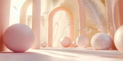 Fototapeta premium a room with arch texture, ball, plants and sunlight shadow for product presentation