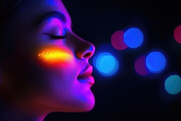 Fototapeta premium Neon Dreams: A Portrait of Serene Beauty in Vibrant Light