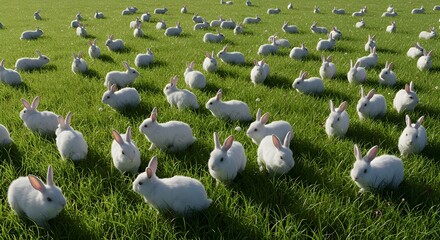 Large Group of White Rabbits Grazing on a Lush Green Field under Bright Sunlight
