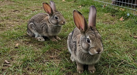 Two Adorable Brown Rabbits Sitting on Green Grass in a Natural Outdoor Setting
