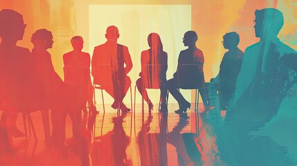 An artistic representation of a justice reform meeting, featuring diverse voices discussing improvements