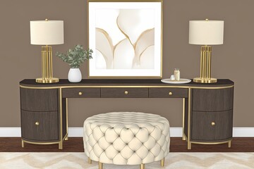 Elegant Vanity Setup Modern Gold Decor Stylish Bedroom Furniture Design Interior 3D Render