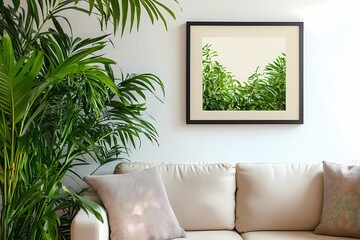 Serene Living Room Interior Design with Plants and Framed Artwork Interior 3D Render