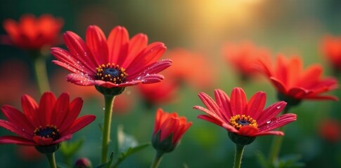 Obraz premium Morning dew glistens on the delicate petals of red daisies, dewy flowers, in-air