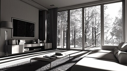 Fototapeta premium Modern Living Room Design Minimalist Style Natural Light Winter Landscape Interior 3D Render
