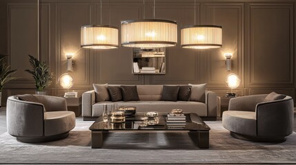 Elegant Living Room Interior Design Modern Sofa and Armchairs with Stylish Lighting Interior 3D Render