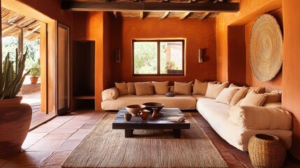 Warm Desert Oasis Living Room Design Featuring Natural Textures and Earthy Tones Interior 3D Render
