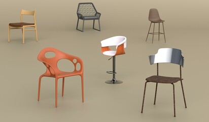 Chairs, Seats, Various Styles, 3D Illustrations