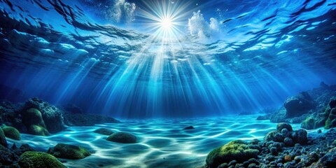 Underwater Ocean Blue Abyss with Sunlight - Stunning Long Exposure Scuba Diving Background for Marine Exploration and Underwater Adventure Photography