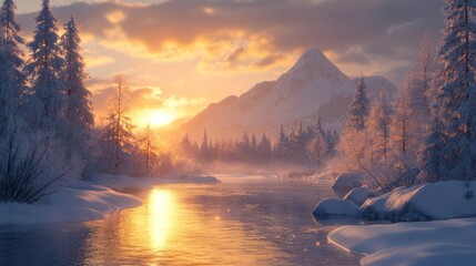 Serene winter sunset over snow-covered river and mountain.
