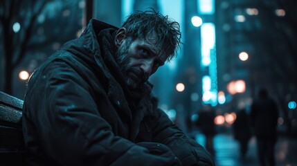 Fototapeta premium Weary man sitting alone on park bench in nighttime urban scene, wearing a tattered coat and gazing downward with a faint, melancholic smile. Skyscrapers glow with indifferent lights in the distance
