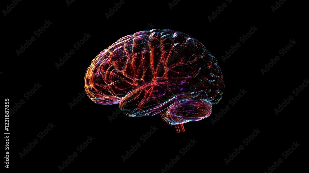 Poster illuminated mind: a vibrant digital rendering of the human brain, showcasing intricate neural pathwa
