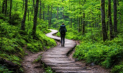 Fototapeta premium Hiker with backpack walks winding wooden path in lush green forest