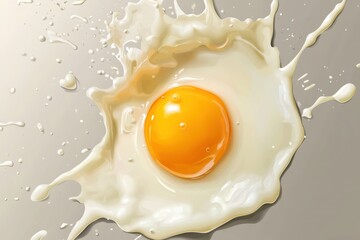 Realistic Milk Splatters with Egg Yolk Centered on Gray Background