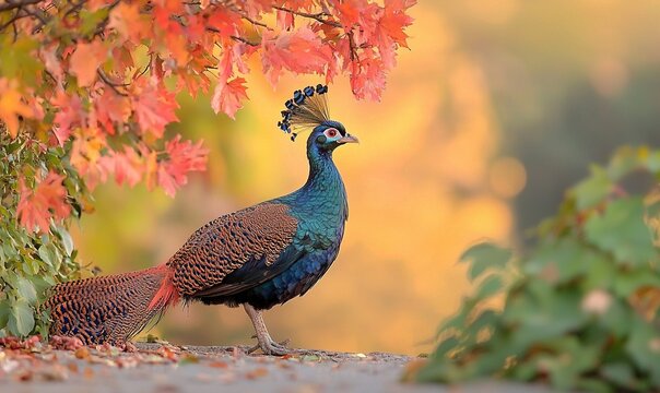 Himalayan monal pheasant under autumn foliage